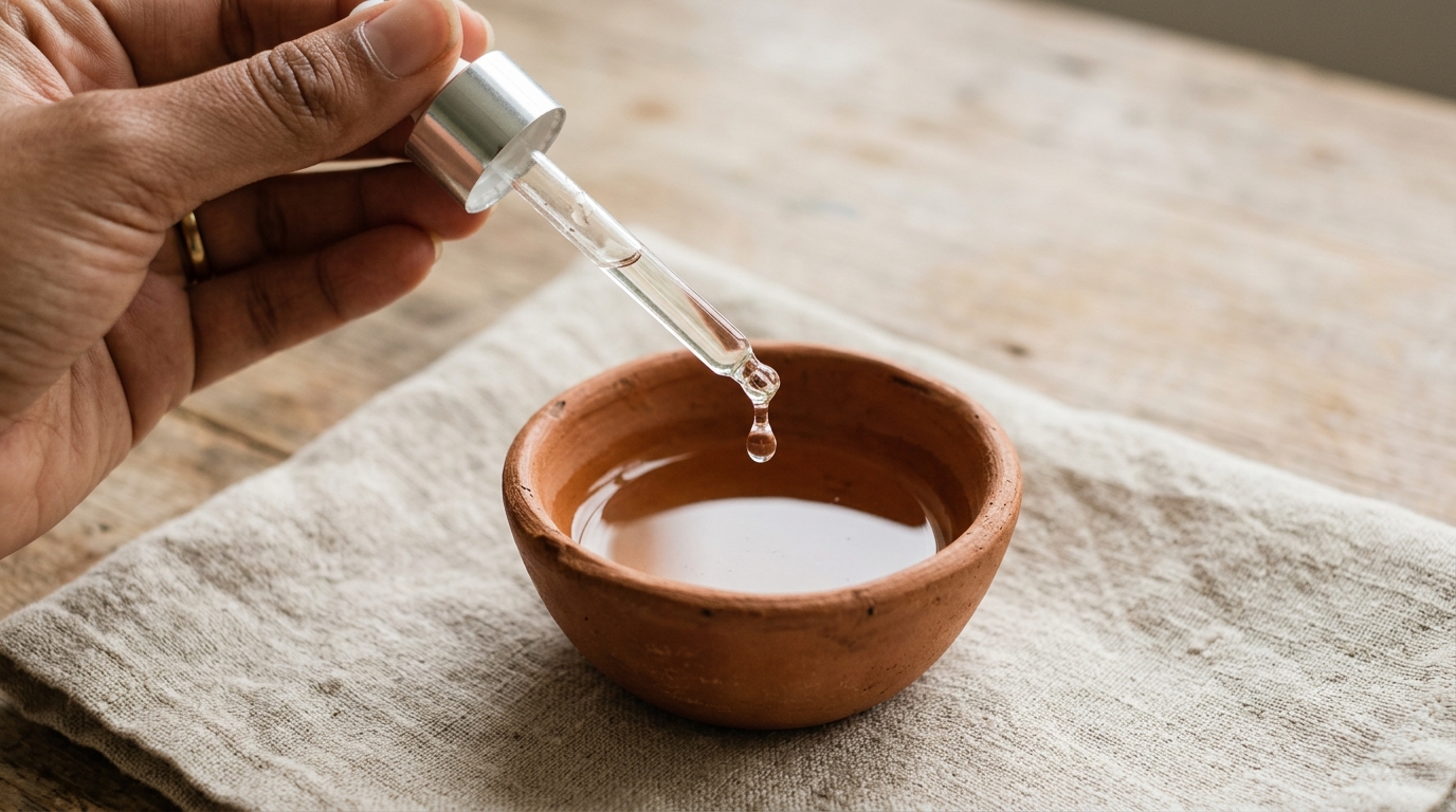Aceite de coco cayendo de pipeta en cuenco de barro artesanal, fondo natural desenfocado
