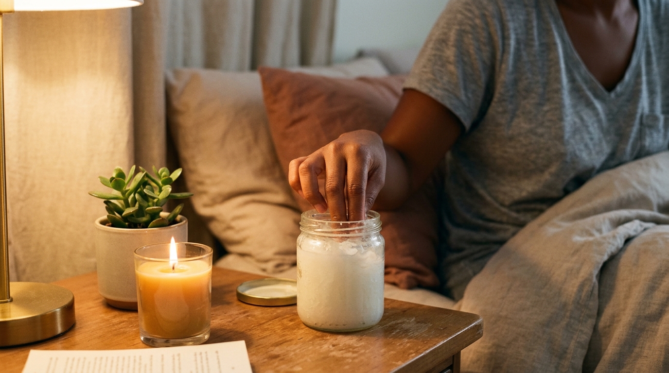 Tarro de aceite de coco en mesa de noche con vela encendida y planta verde, ambiente cálido