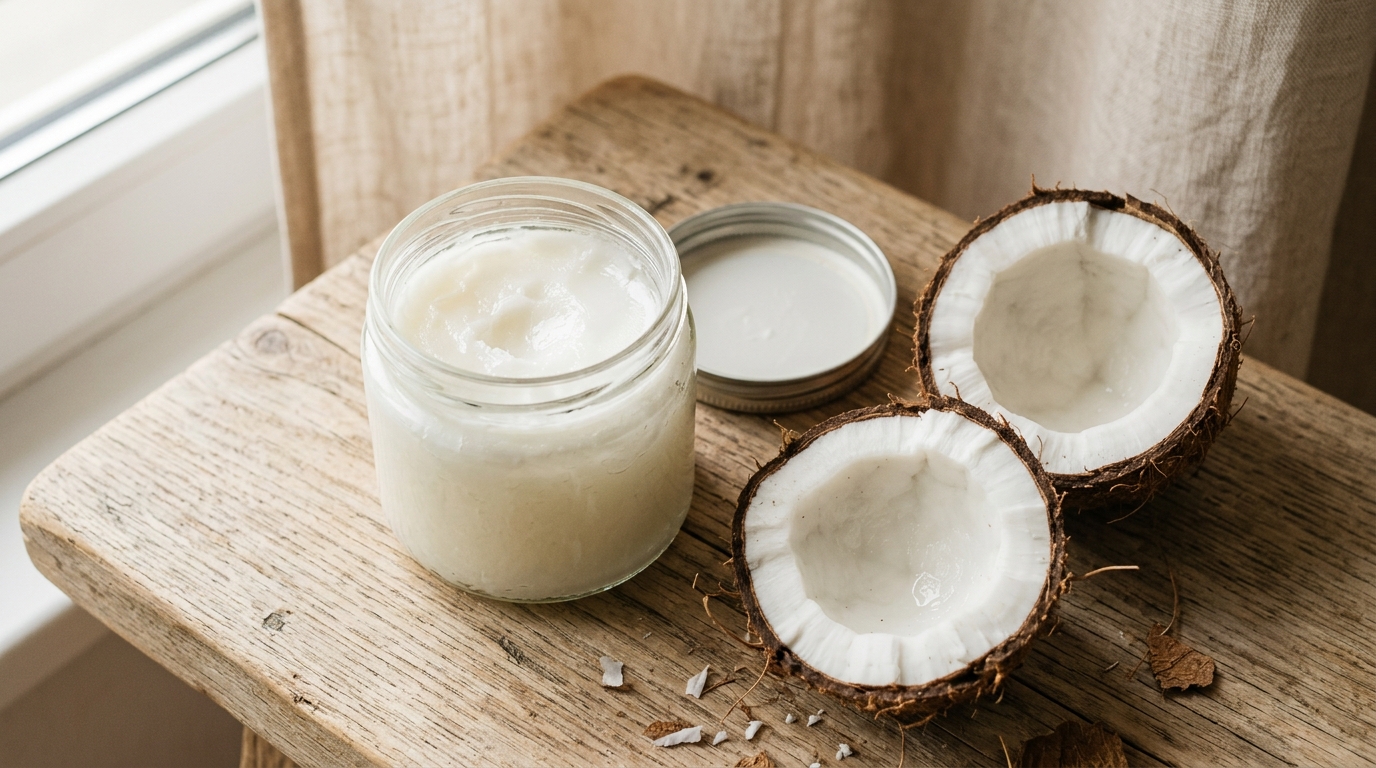 Frasco de aceite de coco extra virgen abierto con coco fresco partido al lado