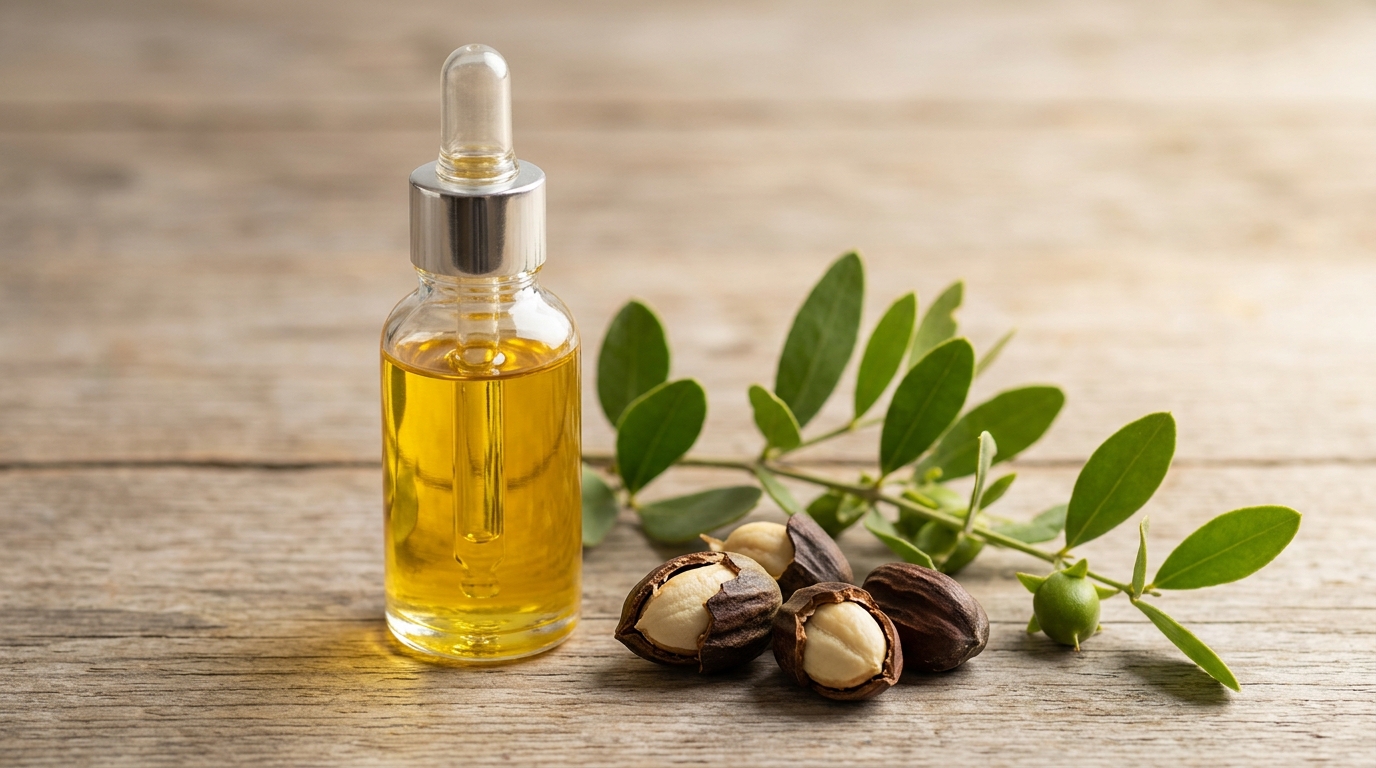 Aceite de jojoba dorado en frasco con gotero, semillas de jojoba abiertas y rama verde sobre madera