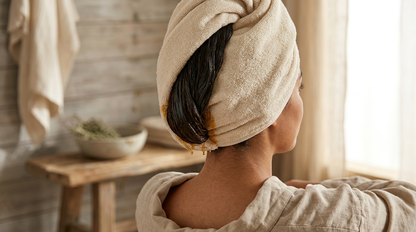 Cabello con mascarilla de aceite de ricino en reposo, toalla envolviendo