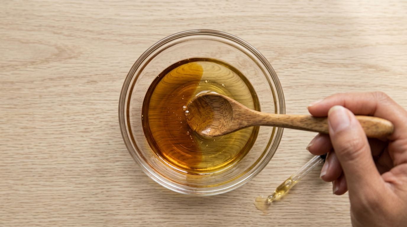 Aceite de ricino mezclado con aceite portador más ligero en cuenco de vidrio