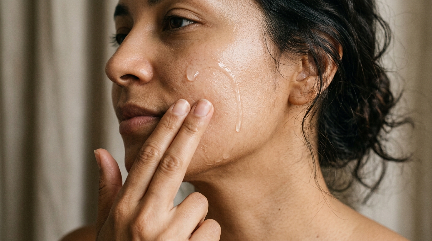 Mano aplicando sérum transparente sobre piel húmeda del rostro, luz natural difusa