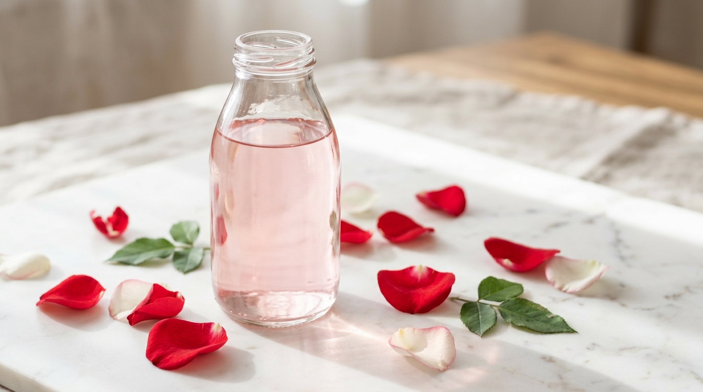 Frasco de vidrio con agua de rosas rosa pálido rodeado de pétalos frescos sobre mármol blanco