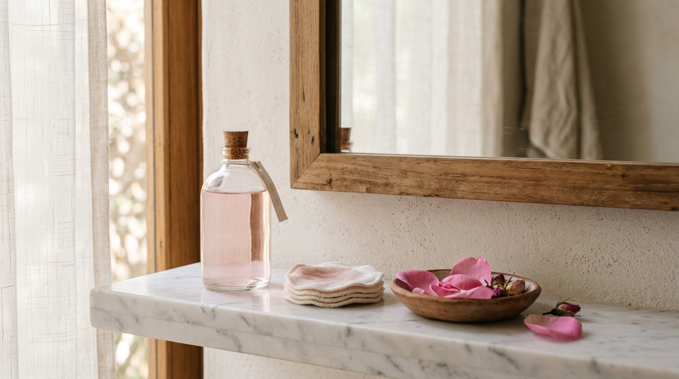 Rutina de cuidado con agua de rosas: frasco, algodón, espejo y luz natural en baño minimalista