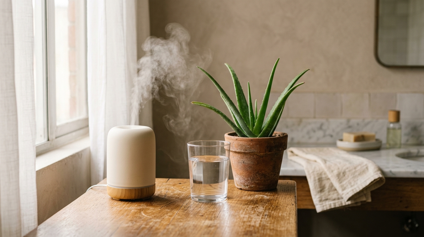Ambiente con humidificador, planta verde y vaso de agua para hidratación
