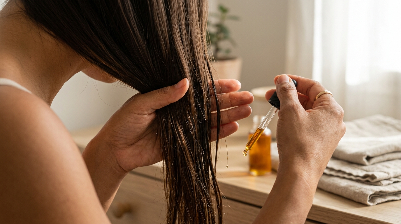 Mano aplicando aceite de jojoba en mechón de cabello castaño desde la mitad hacia las puntas