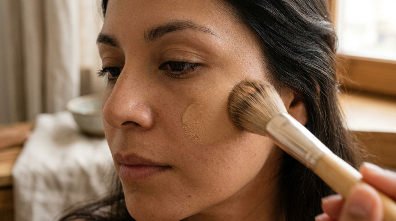 Mano aplicando base de maquillaje con brocha en pómulo y mejilla