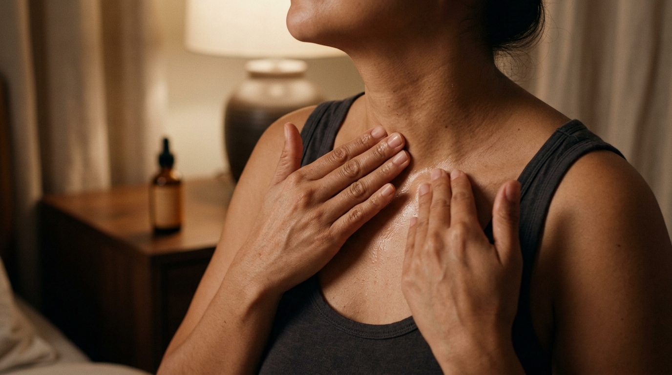 Mano aplicando retinol en cuello y escote, rutina nocturna