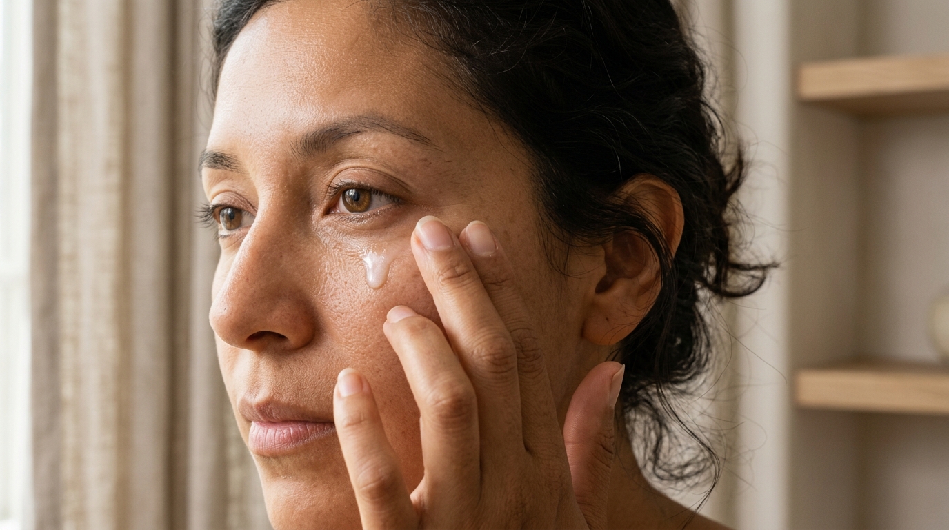 Aplicación de sérum en contorno ocular con dedo anular, técnica suave