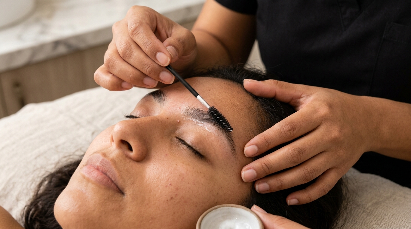 Técnica aplicando solución relajante en cejas con pincel, paso 1 del laminado