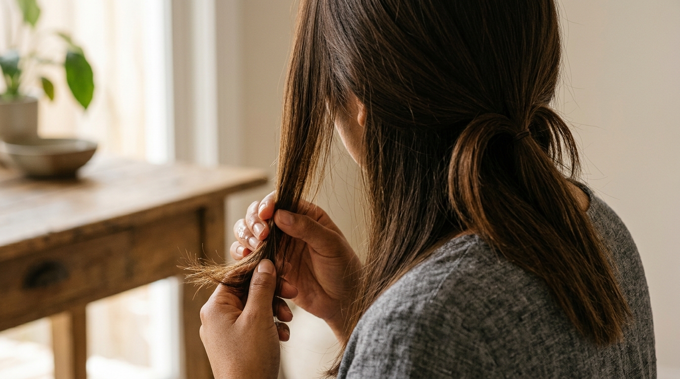 Aplicación de pequeña cantidad de aceite de coco solo en puntas de cabello fino