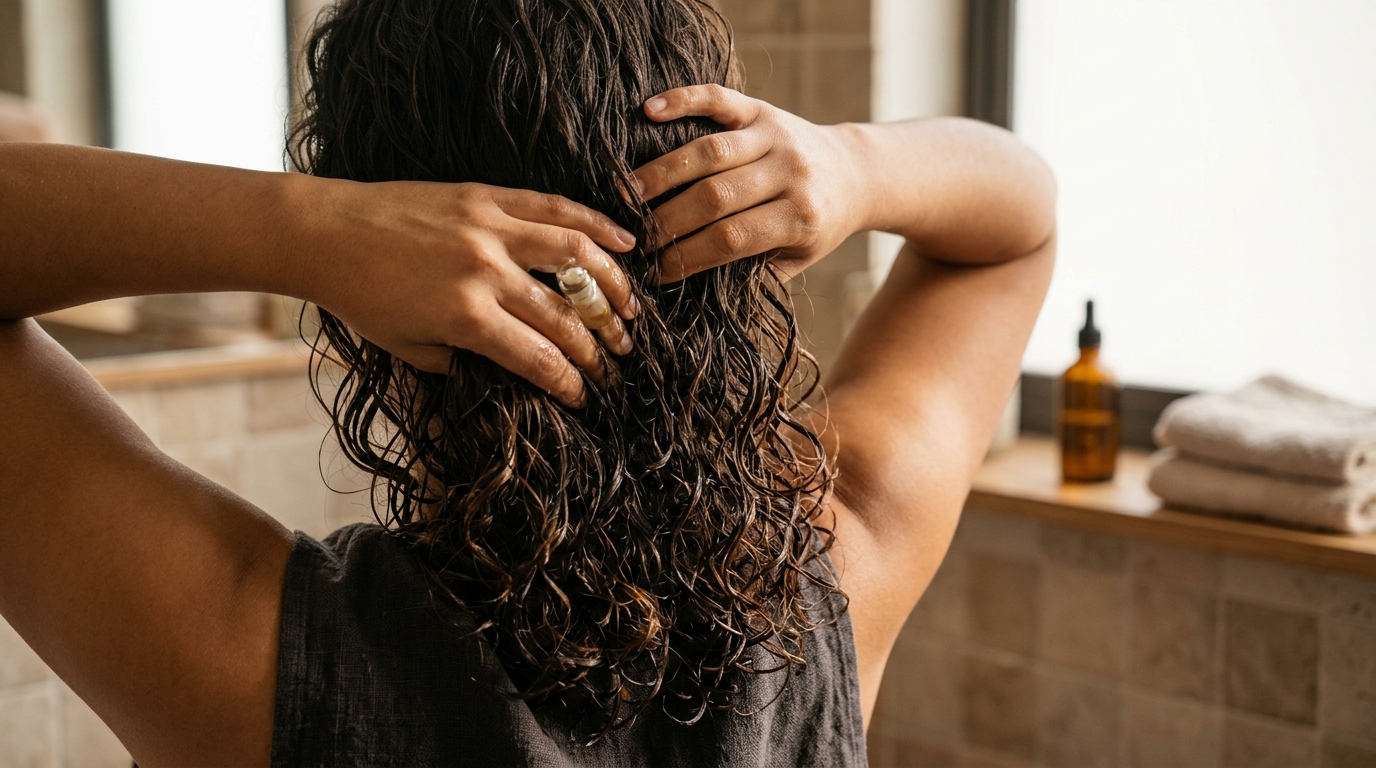 Cabello grueso y ondulado recibiendo tratamiento pre-lavado con aceite de coco