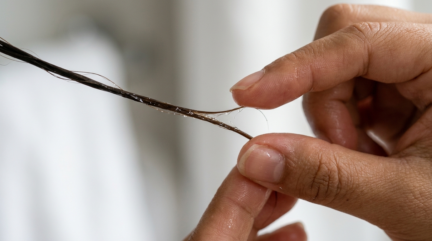 Mechón de cabello húmedo siendo estirado suavemente para prueba de elasticidad