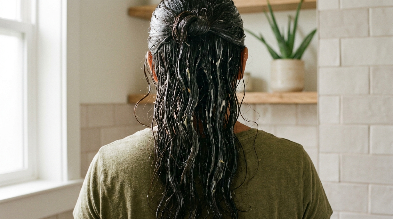 Cabello largo visto de atrás con mascarilla aplicada, luz natural ventana