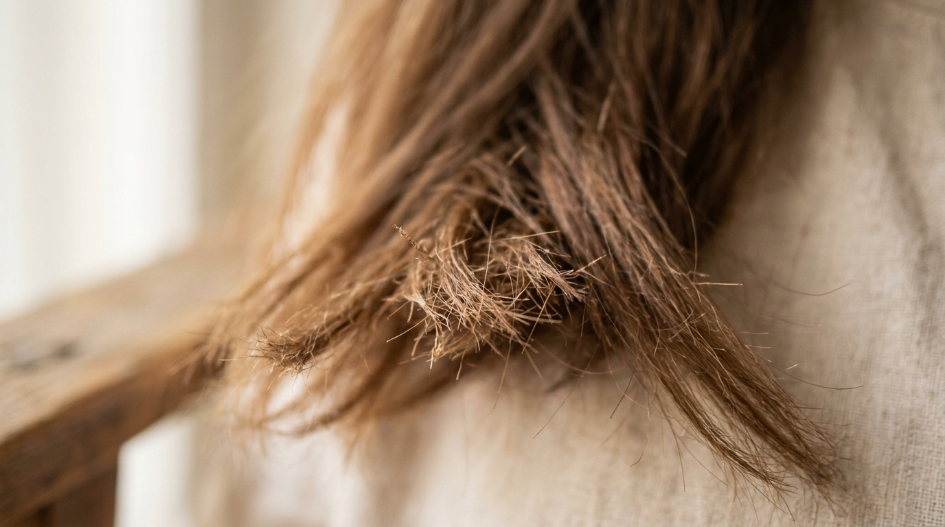 Detalle de puntas de cabello castaño dañadas y secas, antes de tratamiento con aceite de jojoba