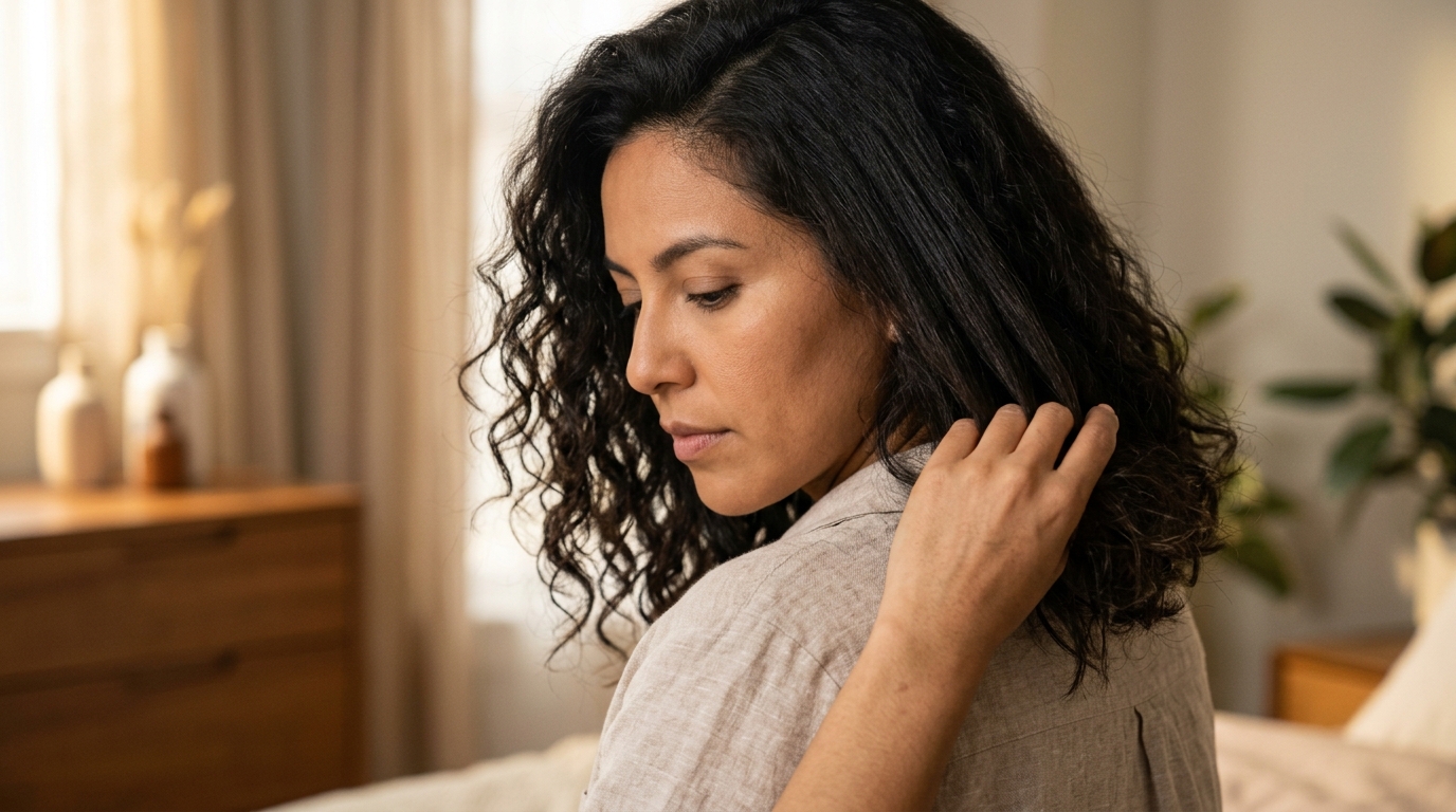 Mujer tocándose el cabello con expresión reflexiva, representando cambios texturales