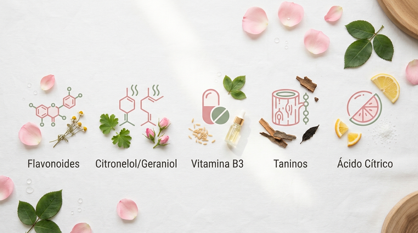Infografía con los compuestos activos del agua de rosas: flavonoides, citronelol, taninos y ácido cítrico