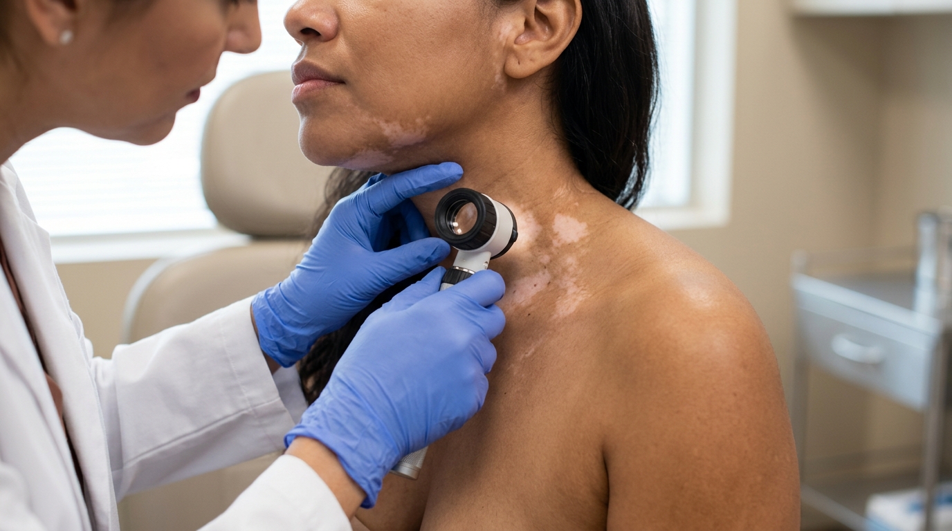 Dermatólogo examinando piel con manchas blancas usando luz especializada, ambiente clínico profesional