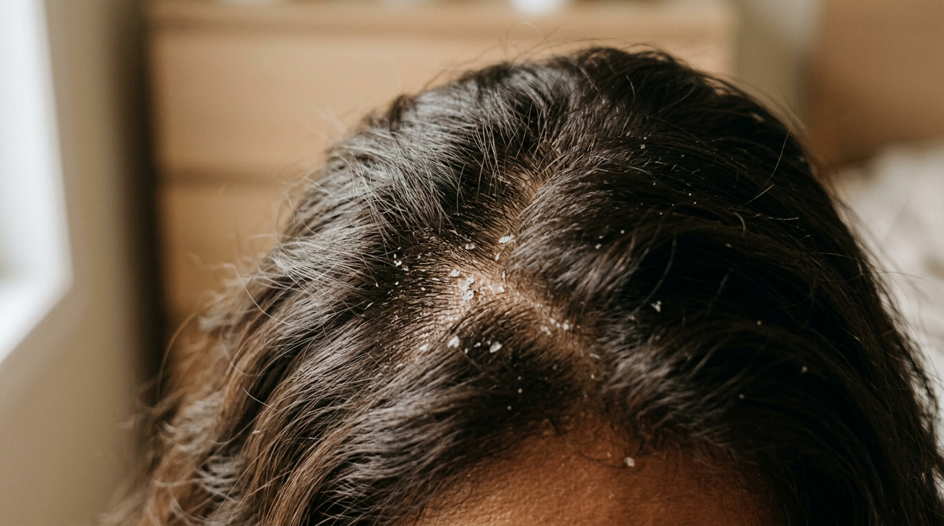 Cuero cabelludo con caspa: escamas blancas visibles entre cabello oscuro, vista clínica de cerca