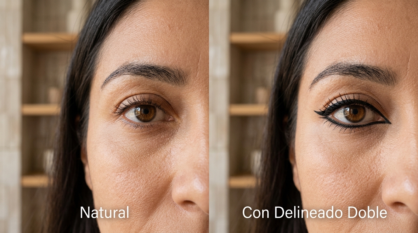 Comparativa: ojo sin delineado vs. delineado doble gráfico en párpado almendrado