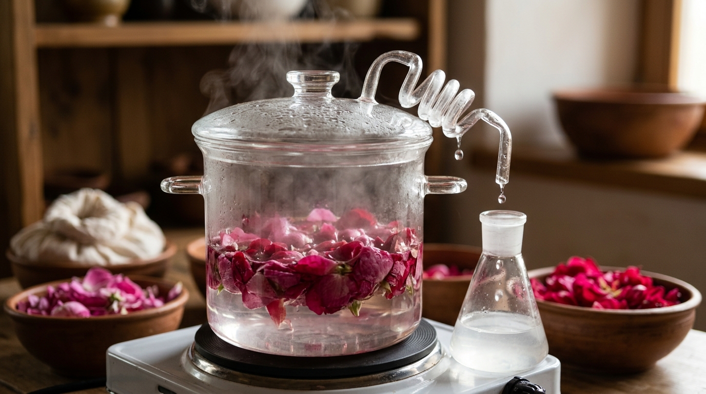 Proceso de destilación casera de agua de rosas: pétalos en agua caliente con vapor condensándose