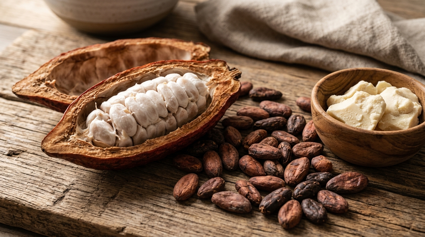 Granos de cacao frescos abiertos mostrando la semilla interior de donde se extrae la manteca