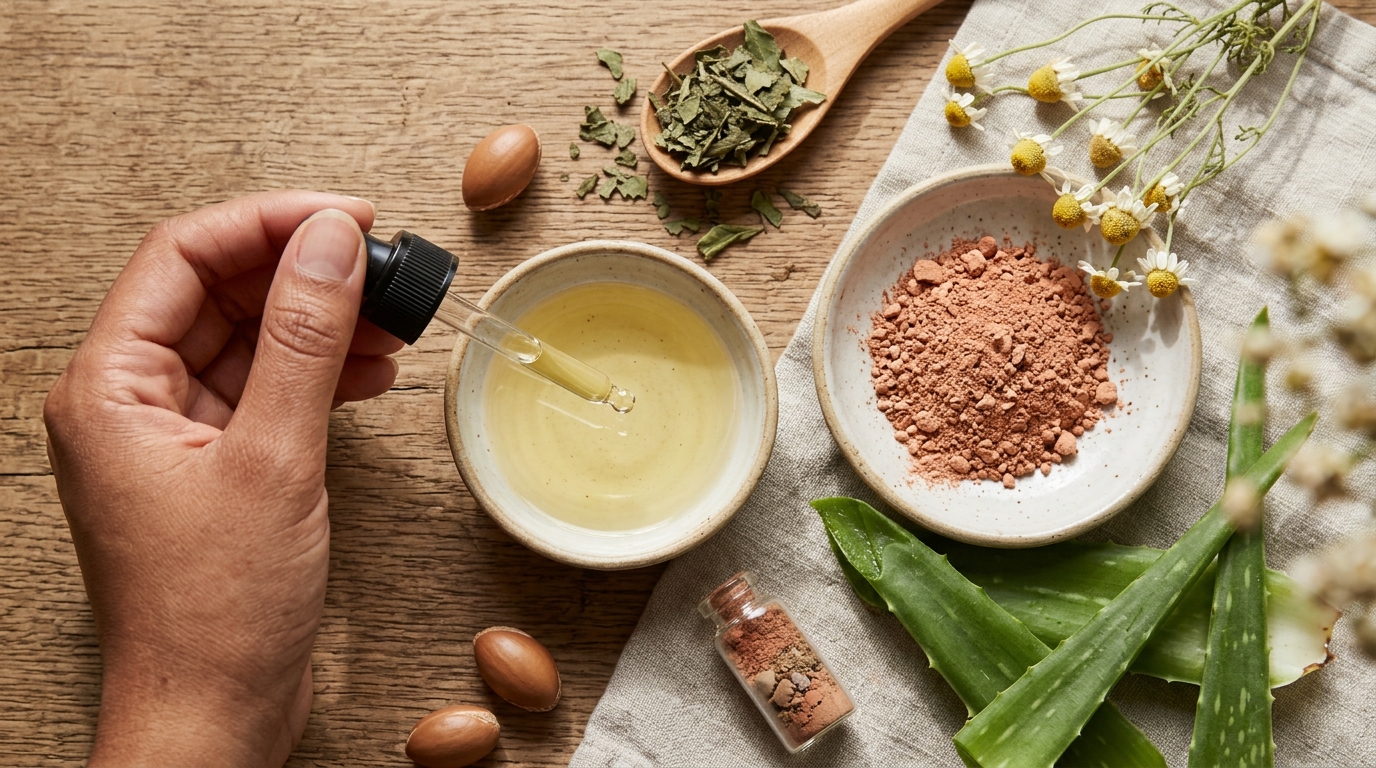 Ingredientes naturales para base de maquillaje: agua, aceites vegetales, pigmentos minerales