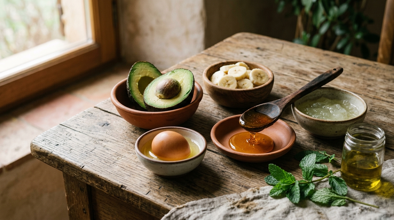 Aguacate, plátano, huevo y miel en cuencos de barro sobre madera