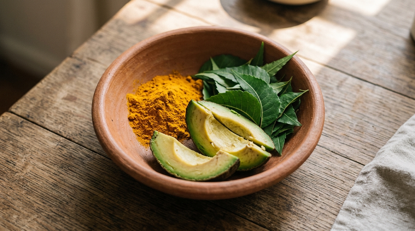 Ingredientes naturales: cúrcuma, neem, aguacate en cuenco de barro