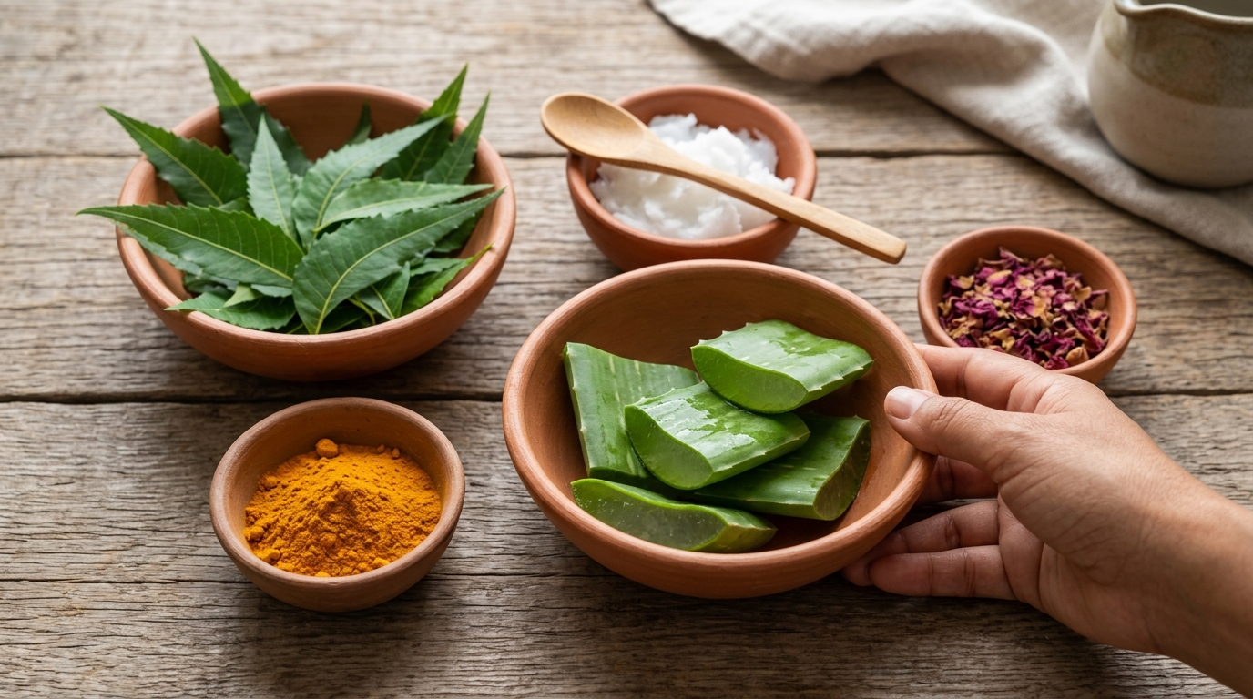 Ingredientes naturales como neem, cúrcuma y aloe vera en cuencos de barro sobre madera natural