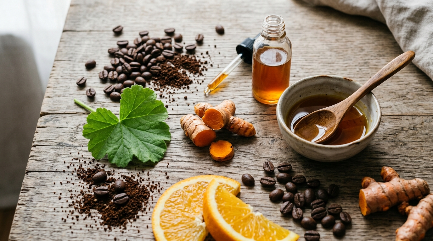 Ingredientes activos para ojeras: cafeína, vitamina K, vitamina C en estado natural