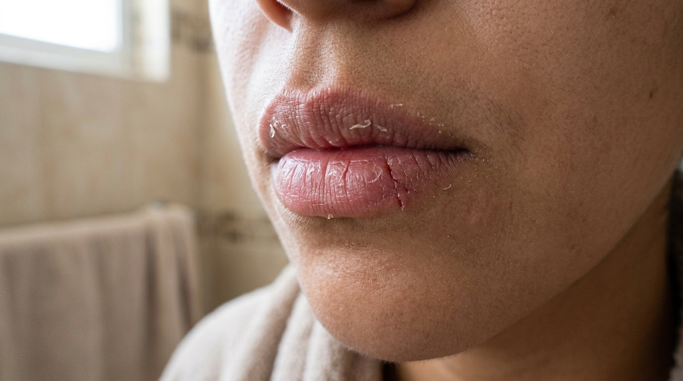Labios resecos con descamación visible, piel agrietada sin maquillaje