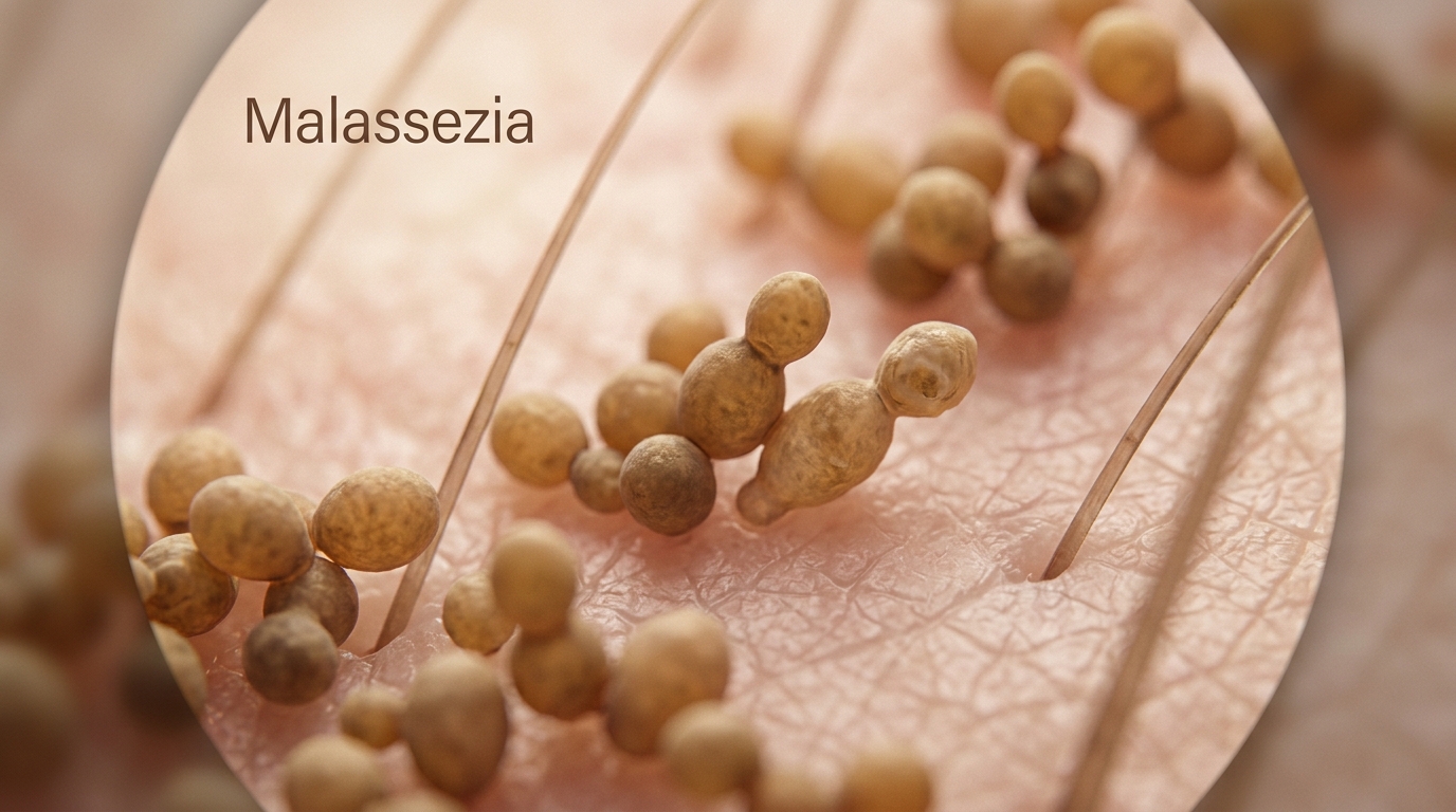 Representación visual de la levadura Malassezia causante de caspa en cuero cabelludo