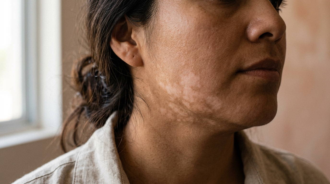 Detalle de piel con manchas blancas hipopigmentadas en mejilla y cuello, tono latino realista