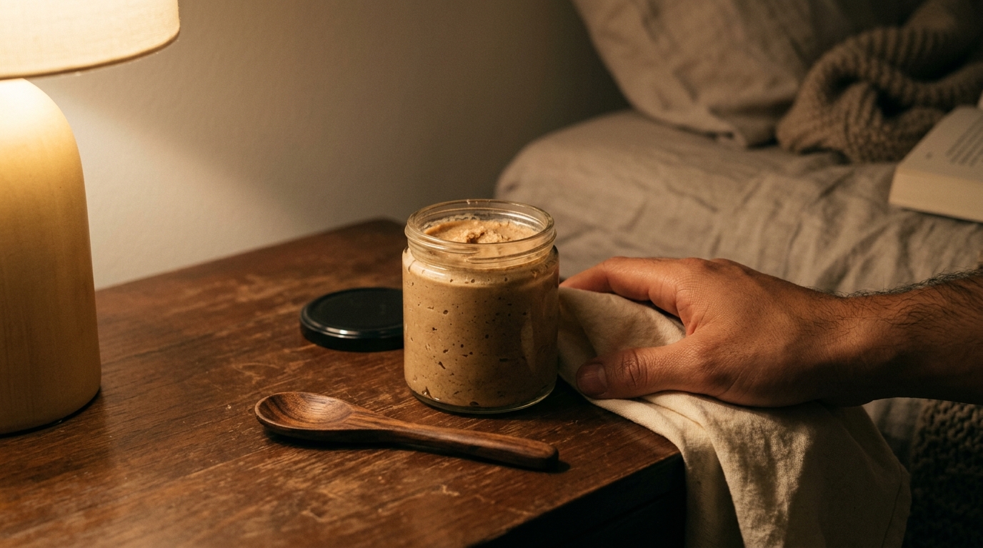 Tarro de manteca de cacao junto a otros productos de cuidado en ambiente cálido de noche