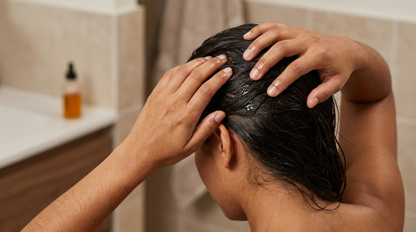 Dedos masajeando cuero cabelludo con aceite de jojoba, cabello mojado de atrás