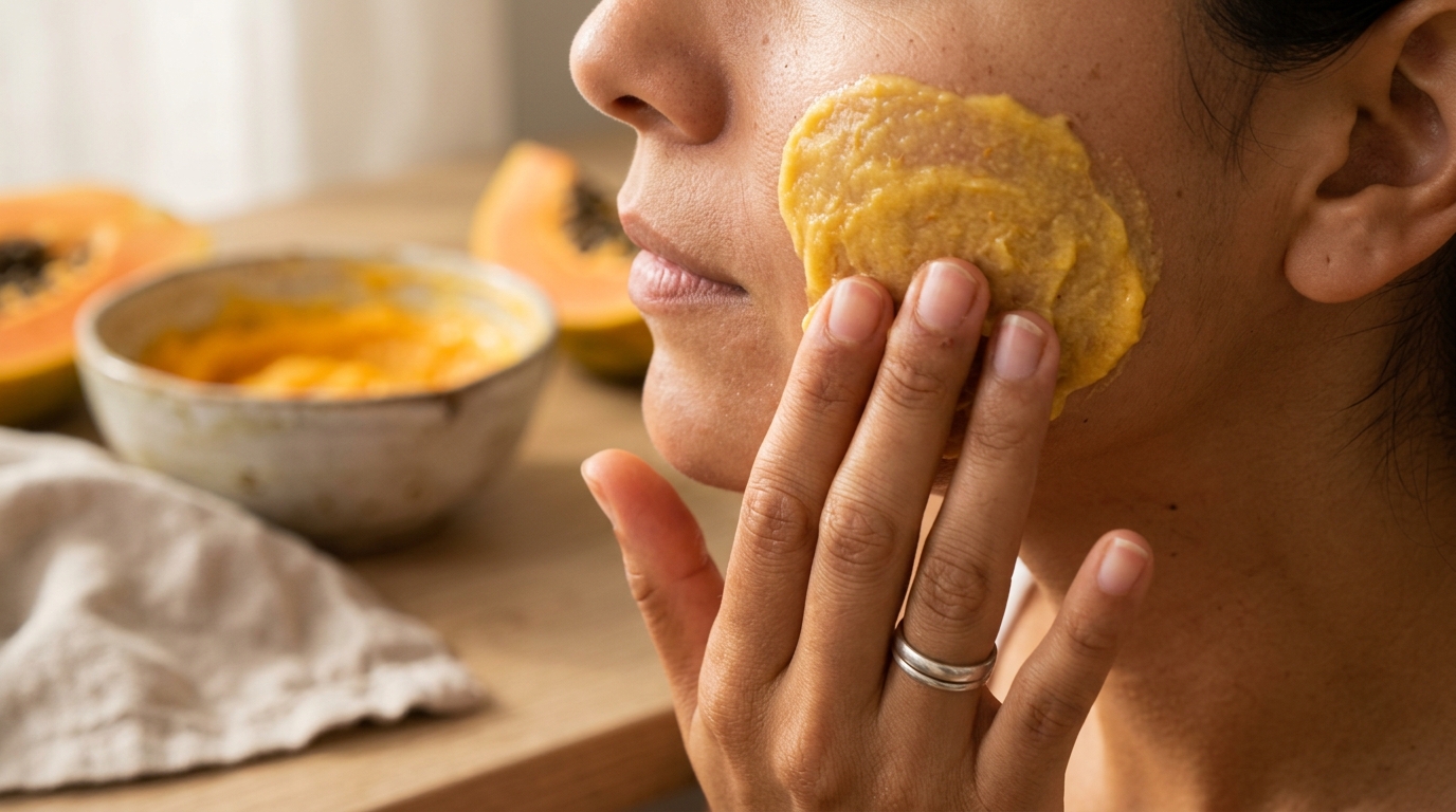 mano aplicando mascarilla amarilla de papaya en pómulo y mejilla de piel latina