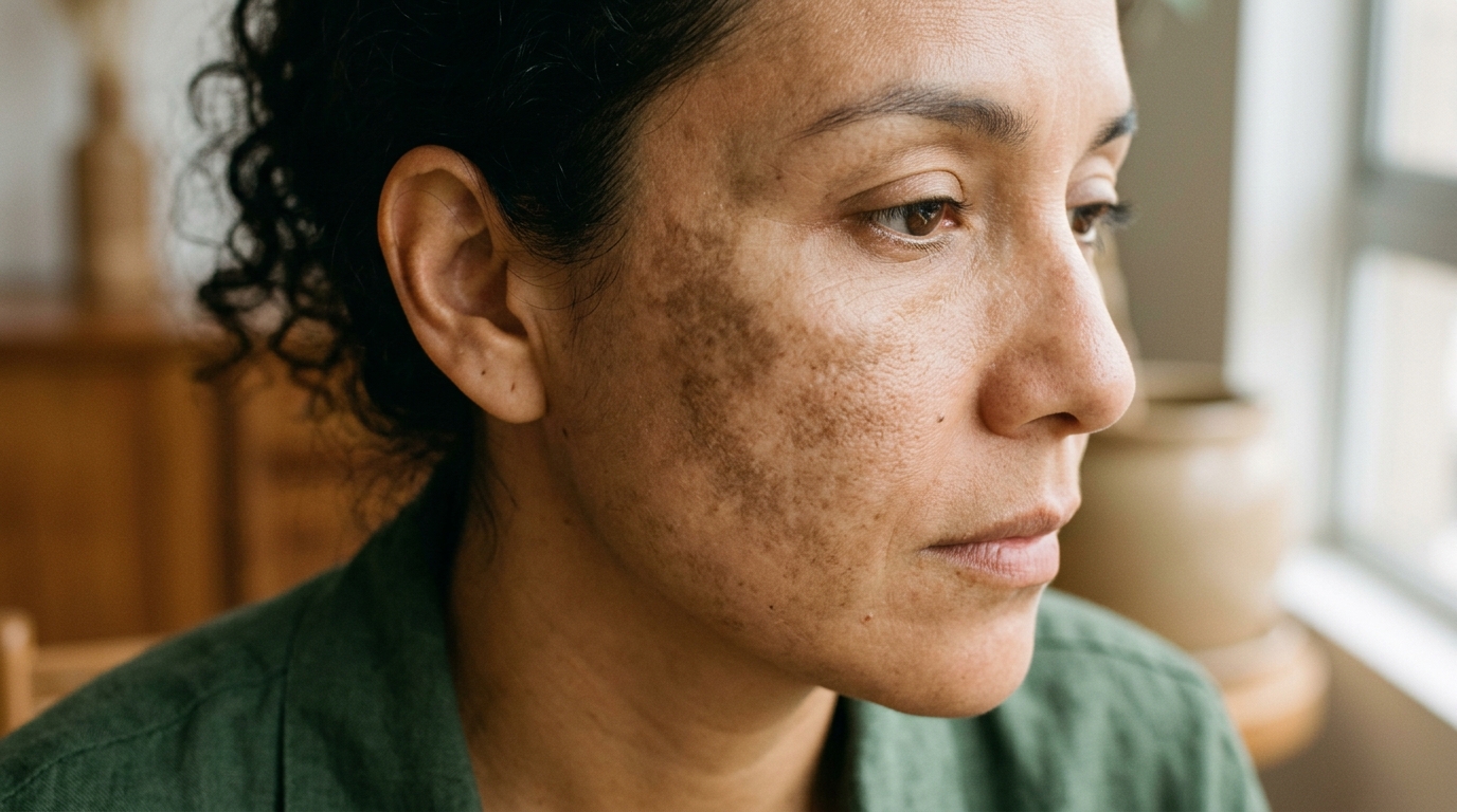 Detalle de melasma simétrico en mejillas y frente, hiperpigmentación