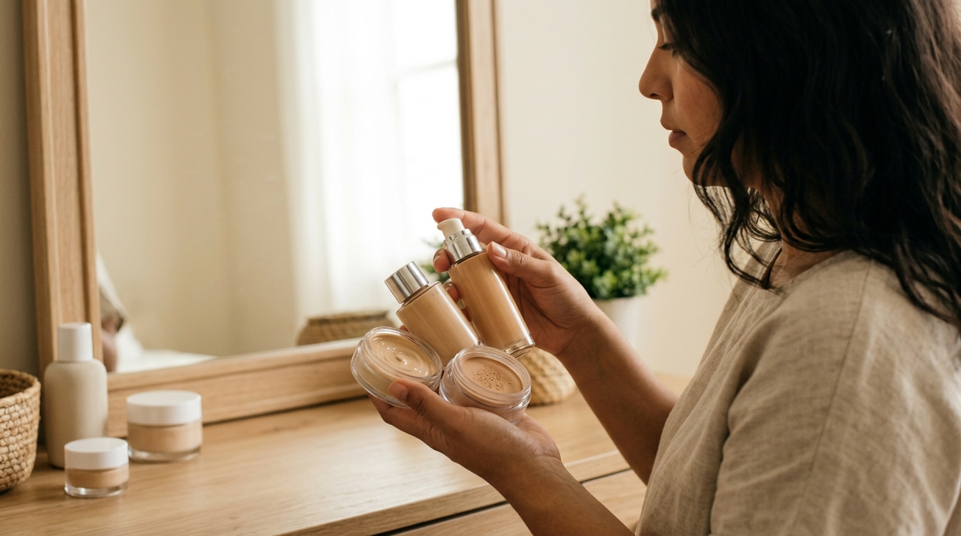 Mujer de piel media latina sosteniendo frascos de base líquida frente a espejo con luz natural