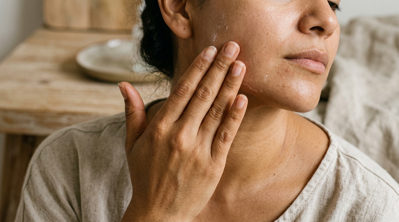 Mano aplicando serum de niacinamida en pómulo y cuello de mujer latina, movimiento ascendente