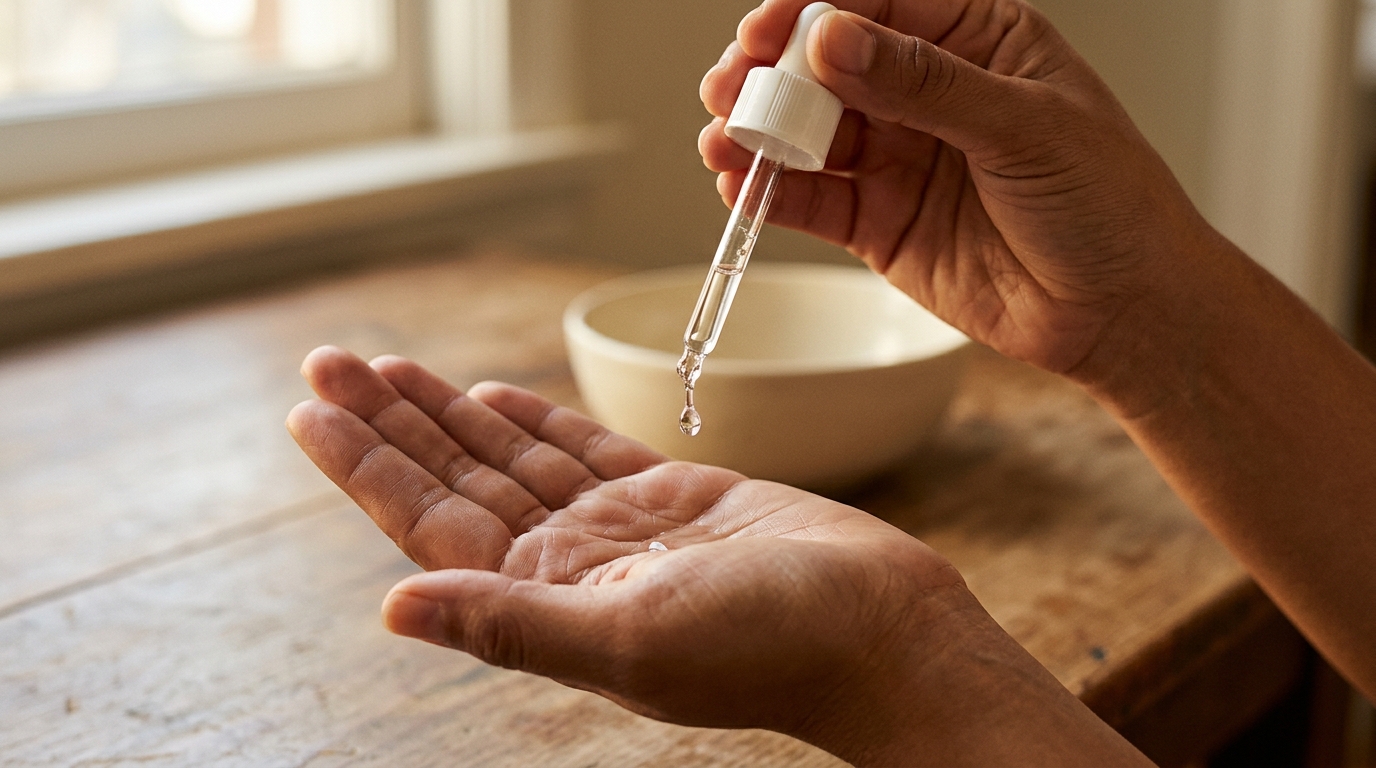 Gota de suero con niacinamida cayendo de pipeta sobre palma de mano