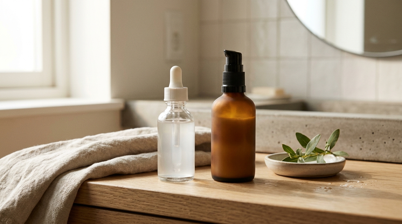Serum de niacinamida junto a protector solar en escritorio minimalista con luz natural matutina