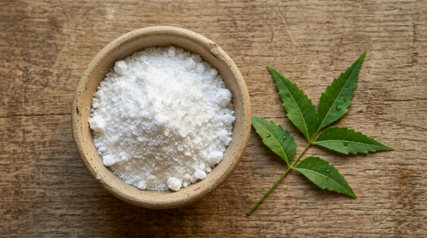 Polvo blanco de niacinamida pura en cuenco de cerámica con hoja de neem fresca