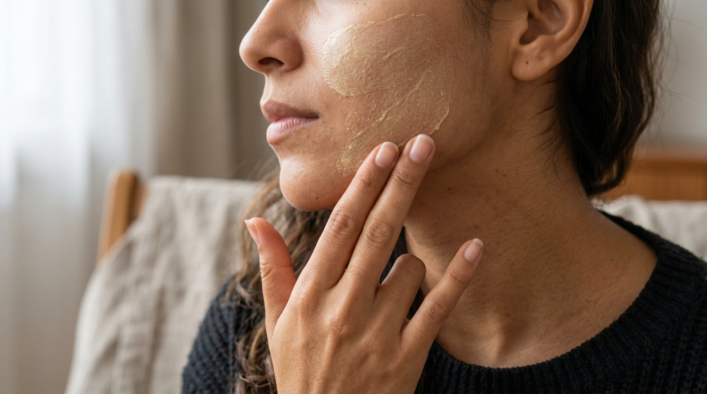 Aplicación de mascarilla con papaína en pómulo y cuello, exfoliación enzimática