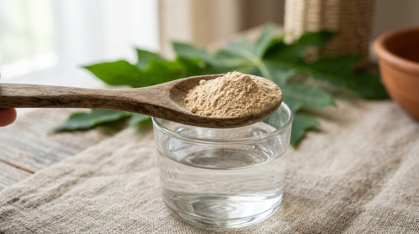 Suplemento de papaína en polvo en cuchara de madera, apoyo digestivo natural