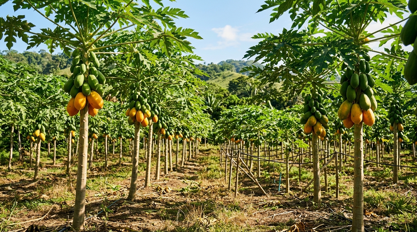Plantación de papaya en clima tropical, cultivo principal en Latinoamérica