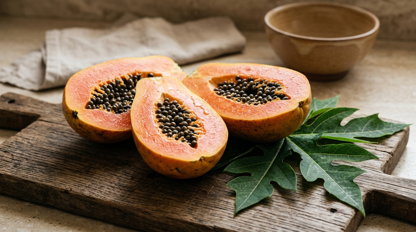 Papaya fresca cortada mostrando pulpa y semillas, ingrediente digestivo natural