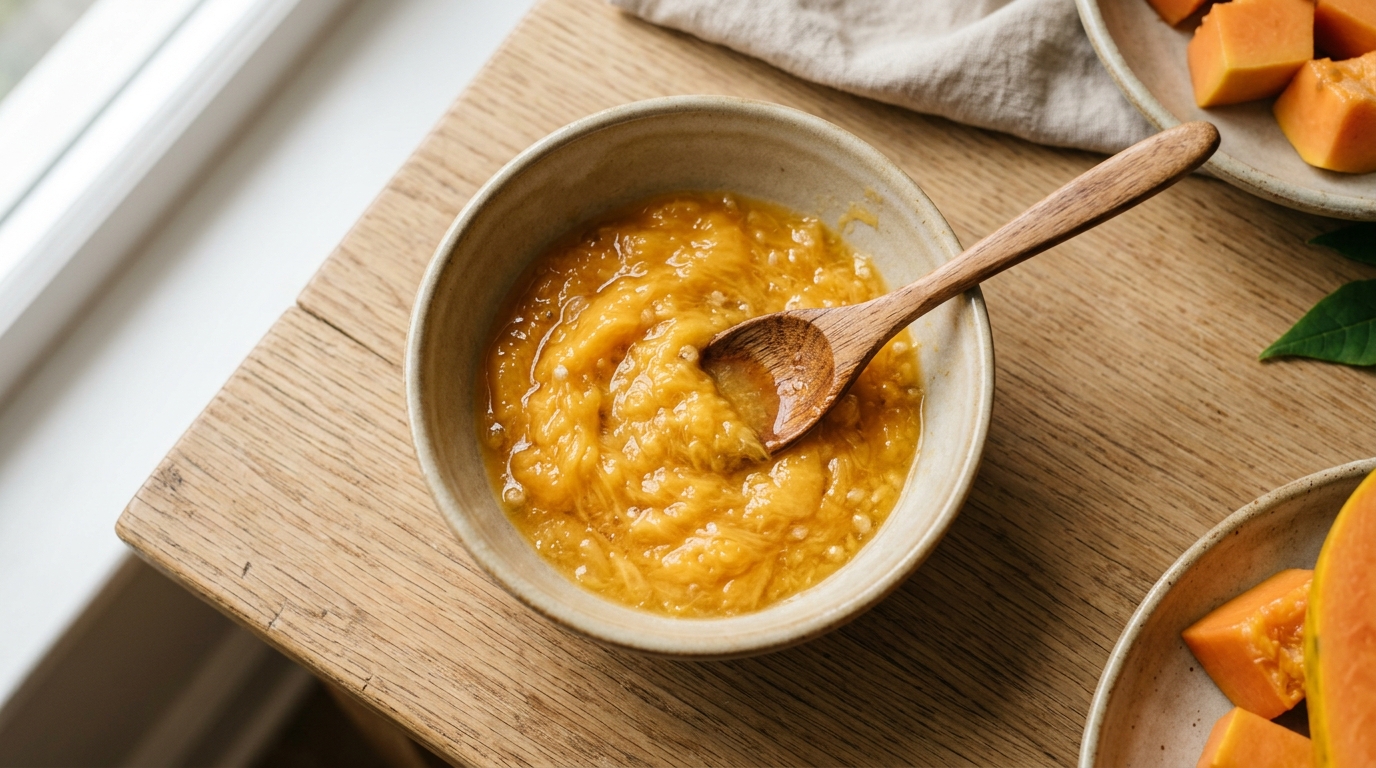 cuenco de cerámica con pulpa de papaya fresca y cuchara de madera para mezclar