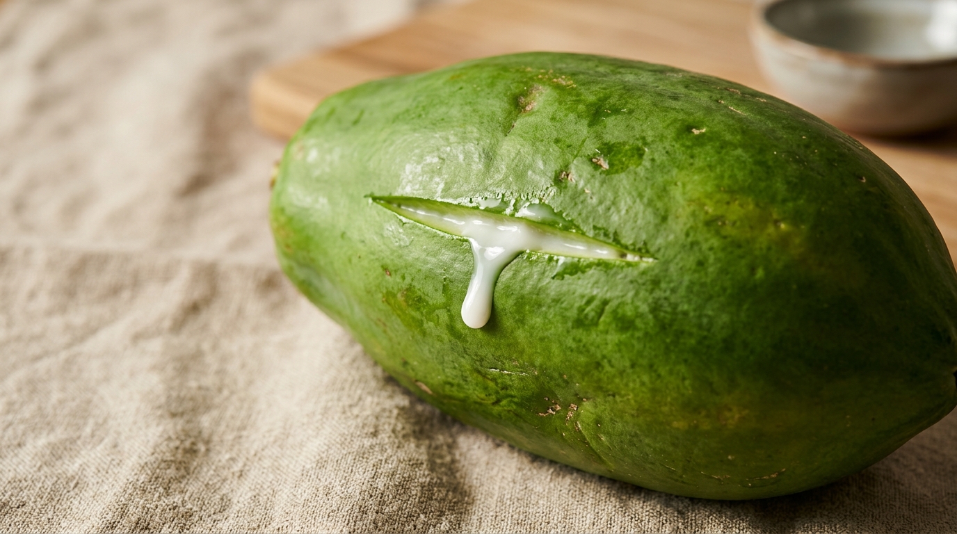 Papaya verde con látex blanco goteando, fuente natural de enzima papaína
